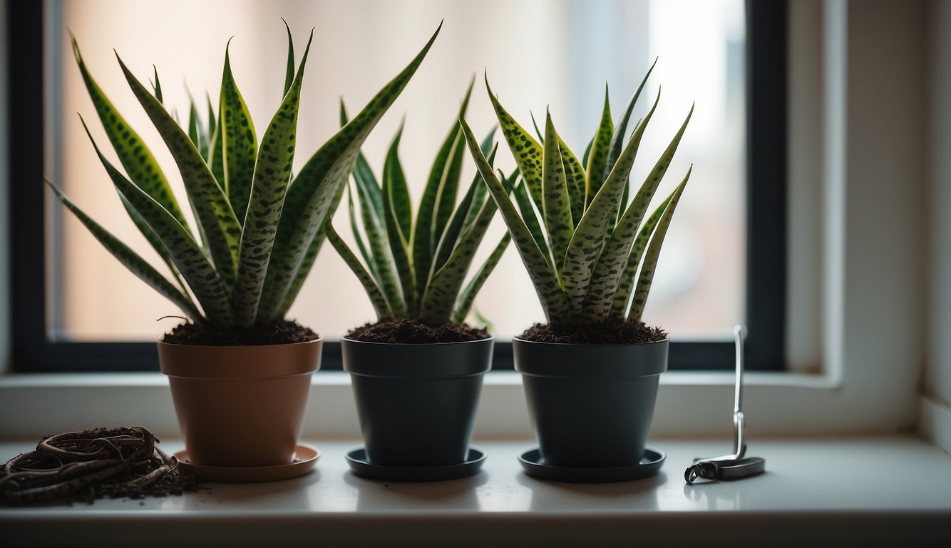 A snake plant sits on a windowsill with multiple small offshoots emerging from the soil.

A pair of gardening shears is nearby, ready to cut and propagate the plant