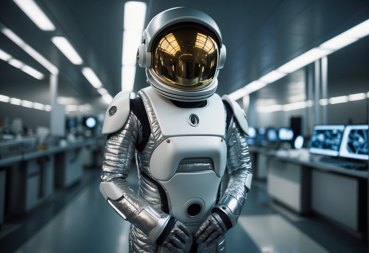 Space Suit Technology - A sleek, high-tech space suit prototype stands in a sterile, futuristic laboratory. Advanced materials and intricate details hint at its cutting-edge design for next-generation astronauts