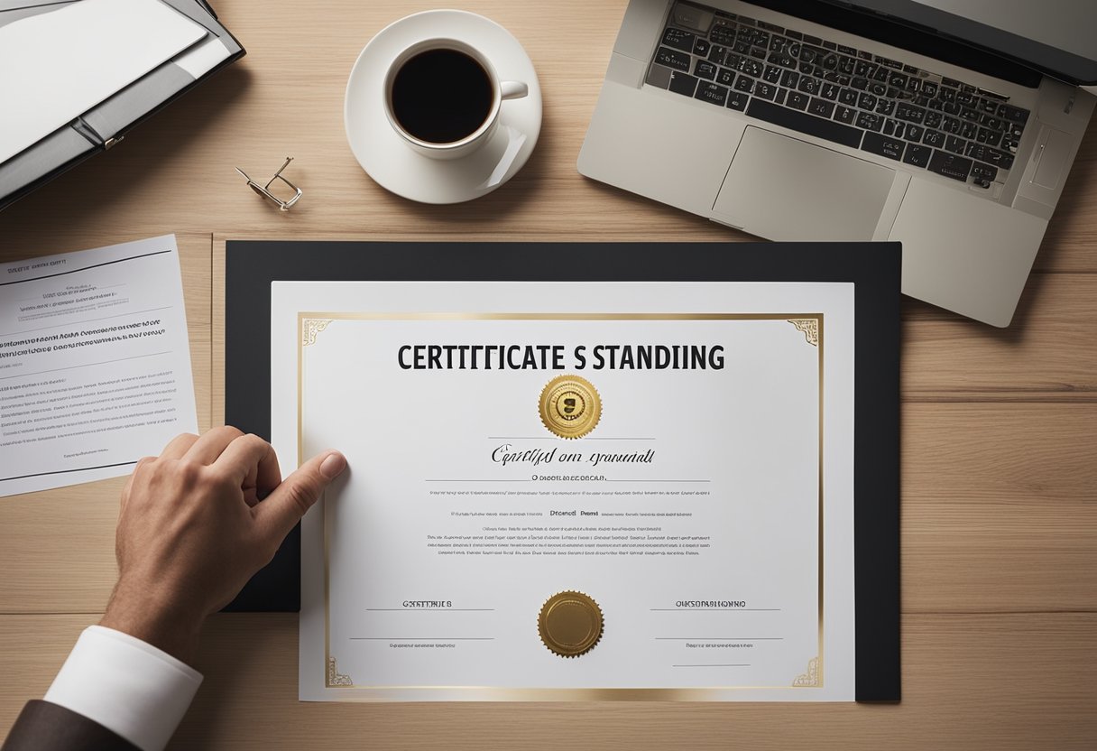 A business owner reaching for a certificate on a desk, with a "Certificate of Good Standing" prominently displayed