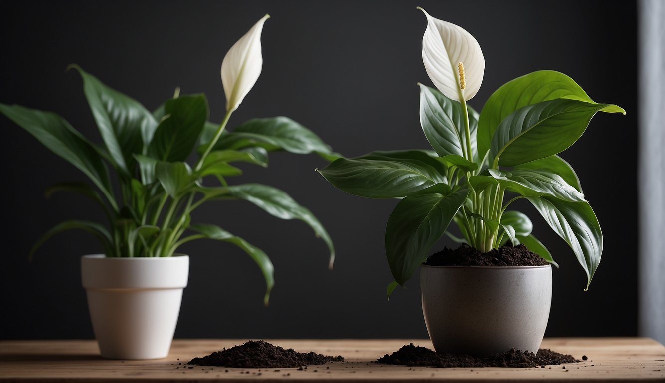 A mature peace lily plant with healthy, vibrant green leaves and a single white flower stands next to a small pot filled with soil.

A new shoot emerges from the soil, showing the process of propagation
