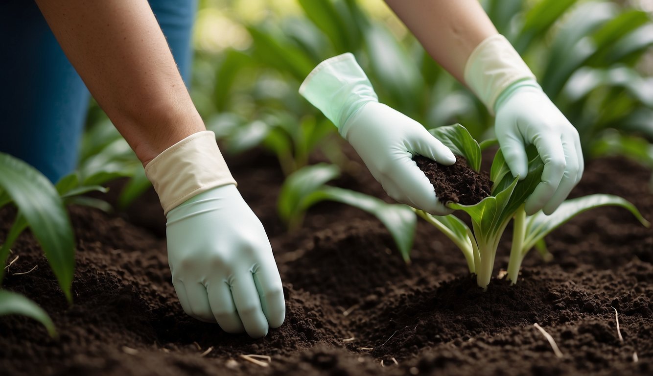 A pair of gardening gloves gently separates a healthy peace lily plant into smaller sections, carefully tending to the delicate roots before placing them in fresh soil