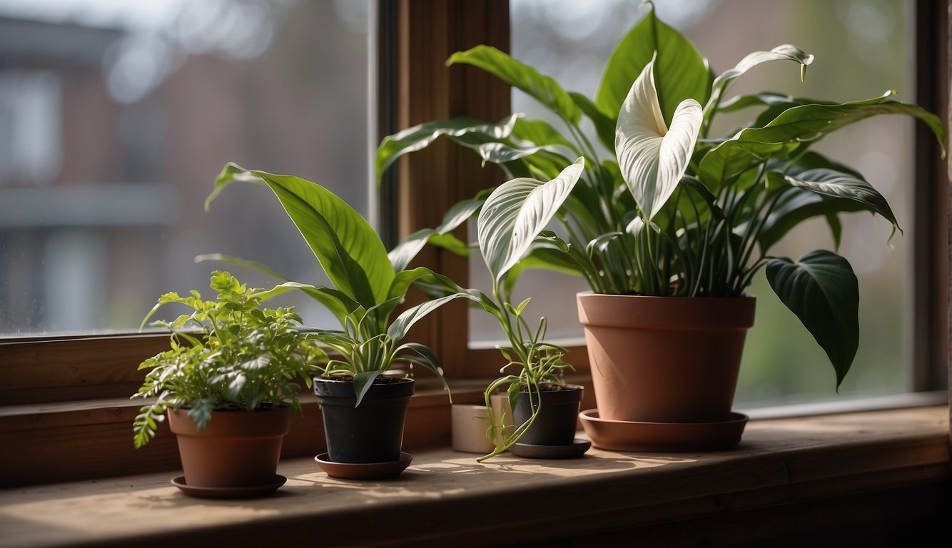 A mature peace lily plant sits on a windowsill, surrounded by small pots of soil and cuttings.

A pair of gardening gloves and a spray bottle are nearby