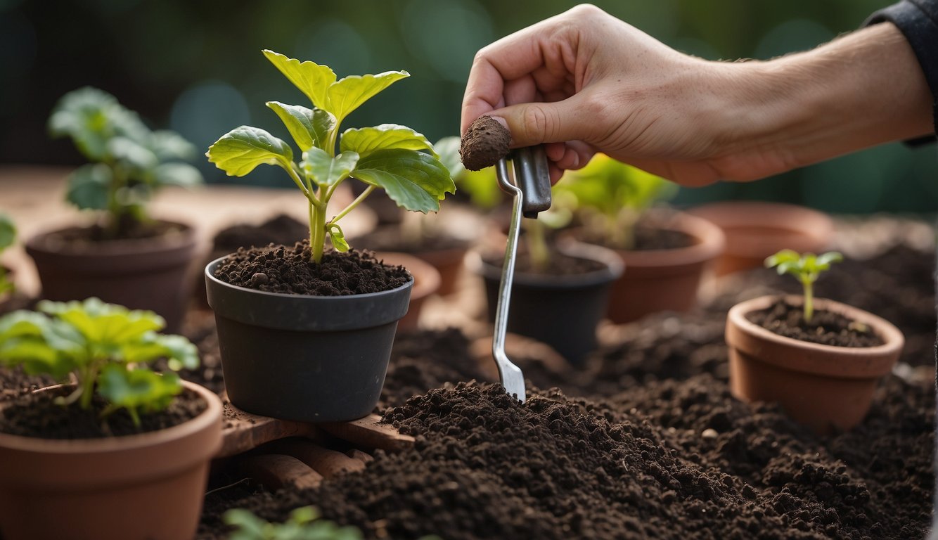 A hand holding a small pot filled with soil.

A Rex Begonia cutting is being carefully placed into the soil, surrounded by other pots and gardening tools