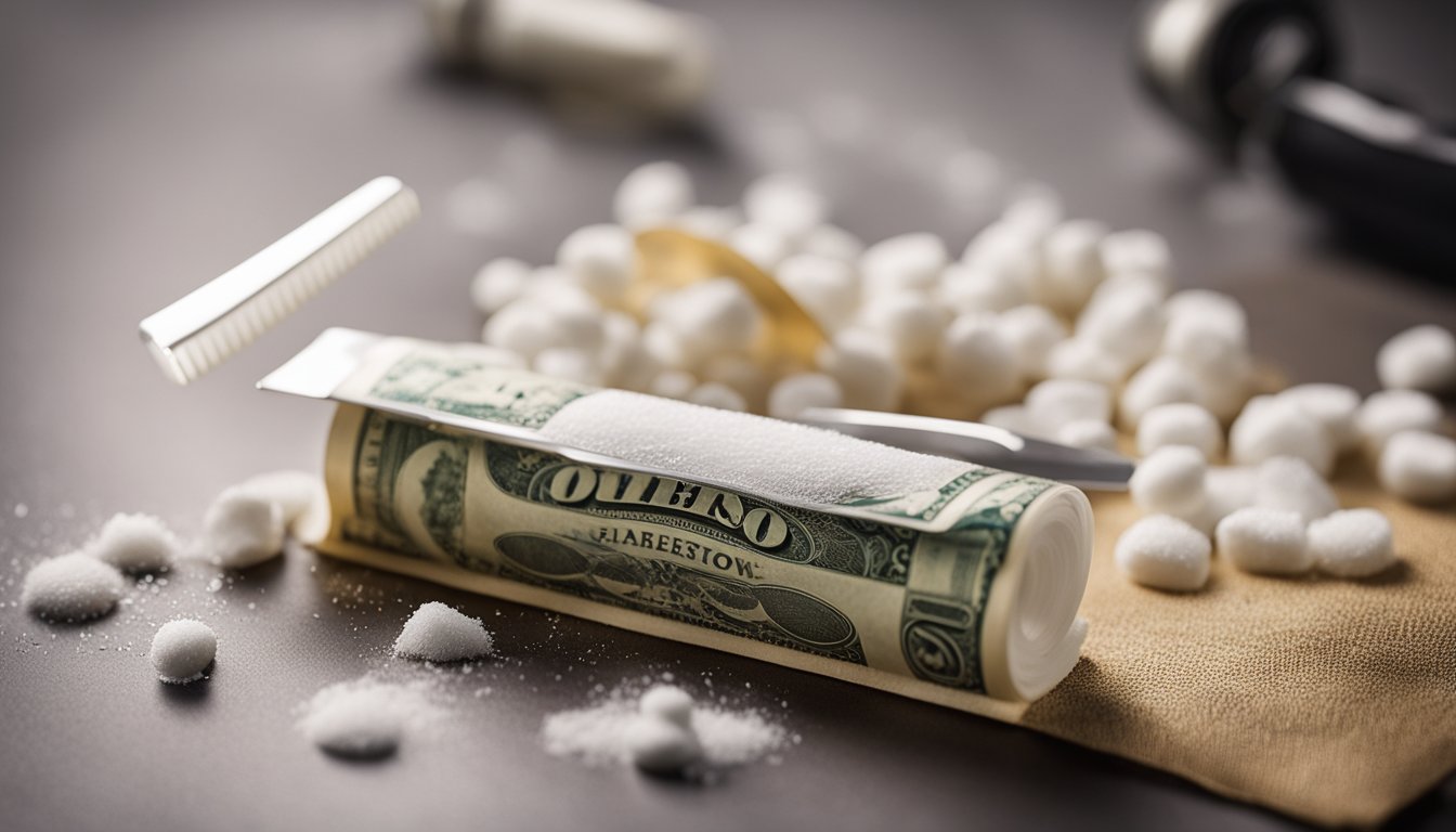 A table with white powder, a razor blade, and a rolled-up bill