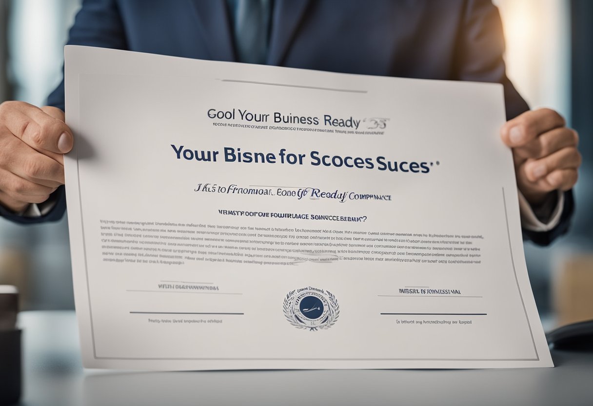A business owner holds a certificate of good standing, surrounded by renewal and compliance documents. The words "Is Your Business Ready for Success?" are prominently displayed