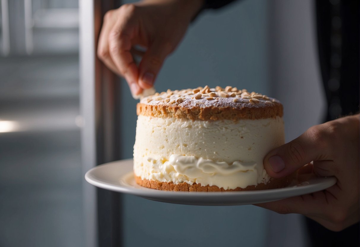 A freezer door opens, revealing a slice of angel food cake on a plate. A hand reaches in to place the cake inside before closing the door