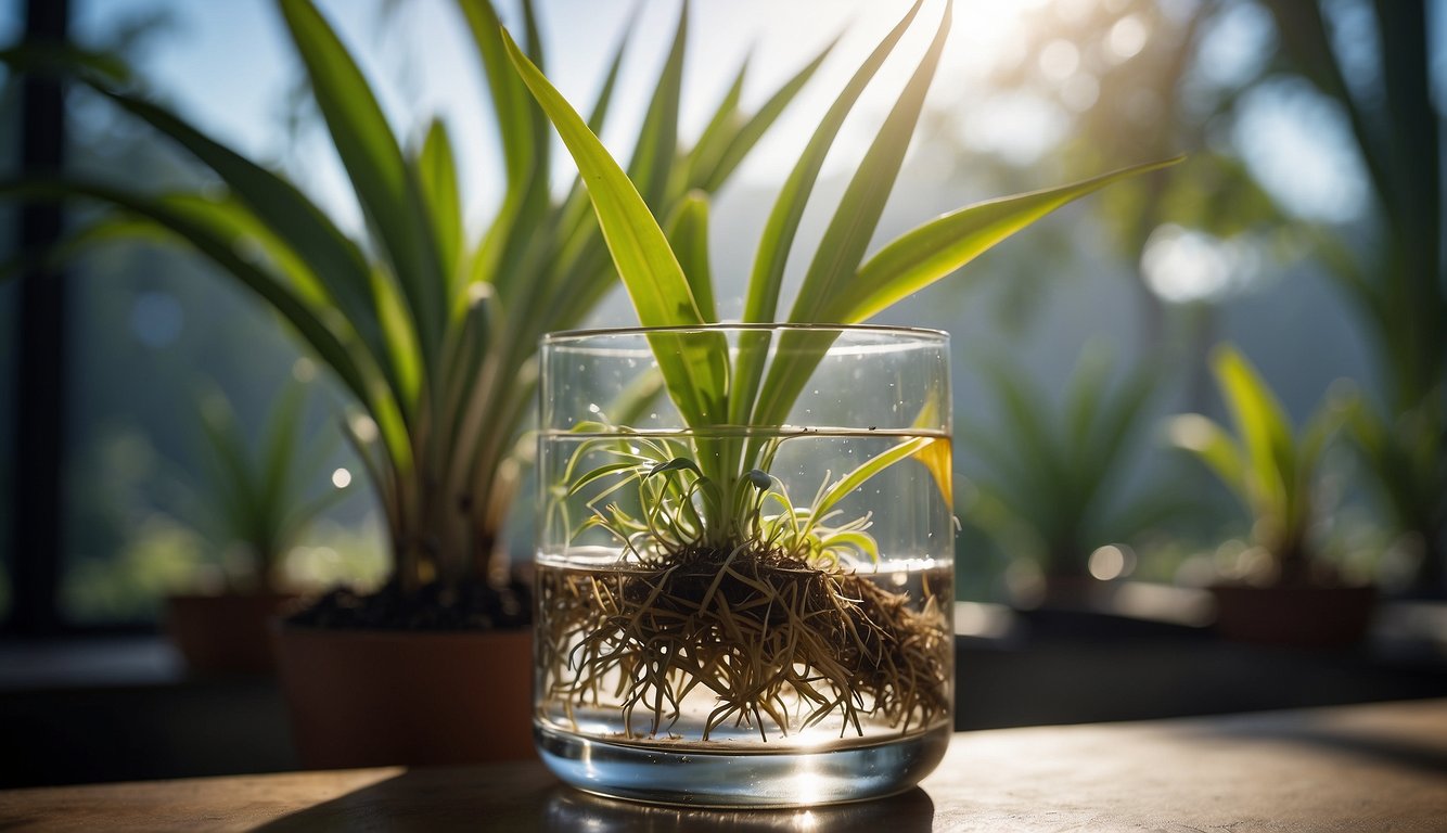 Lush cordyline plant cuttings in a glass of water, with roots forming.

Bright, tropical backdrop with sunlight streaming in