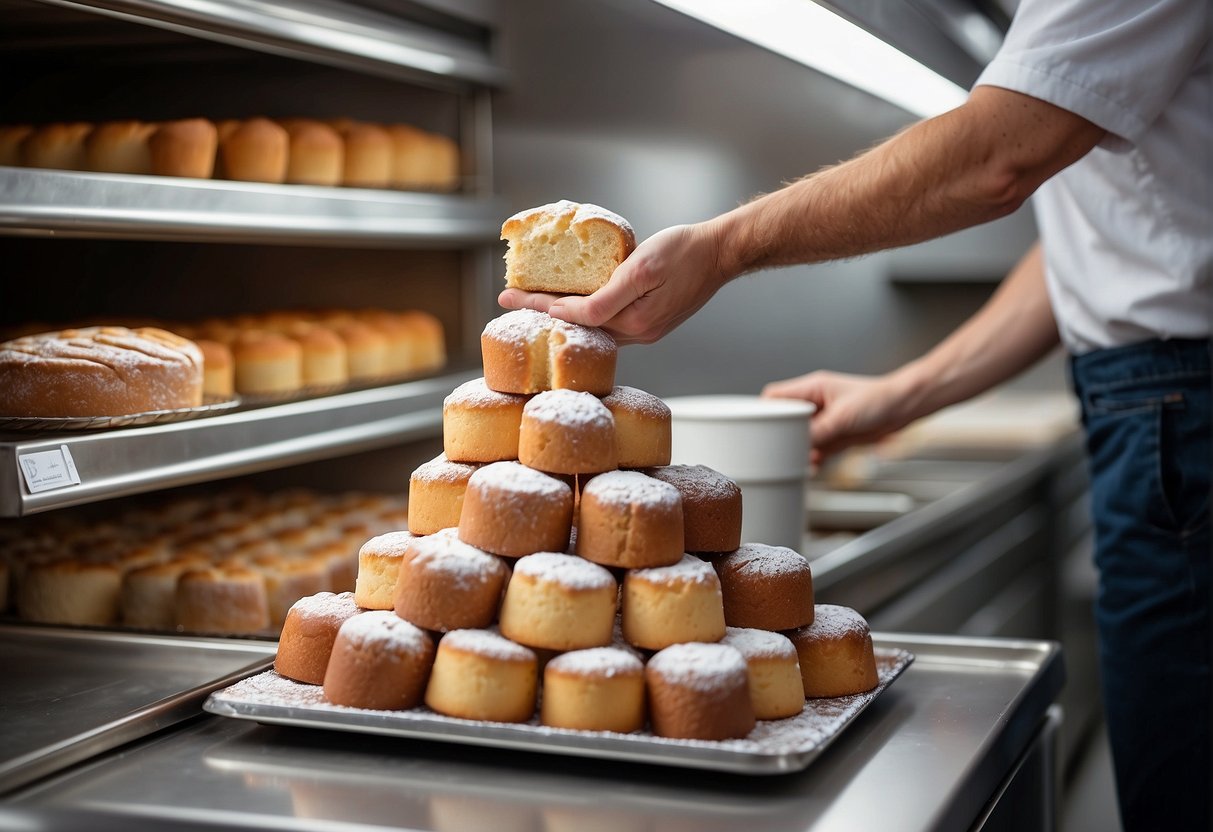 A hand reaches for a stack of bakeware, considering sizes and materials. A freezer door is ajar, with a wrapped angel food cake inside