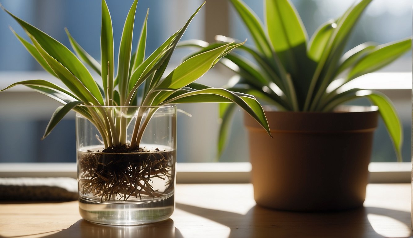 Lush cordyline plant cuttings in a glass of water, placed on a sunny windowsill with a pair of pruning shears nearby