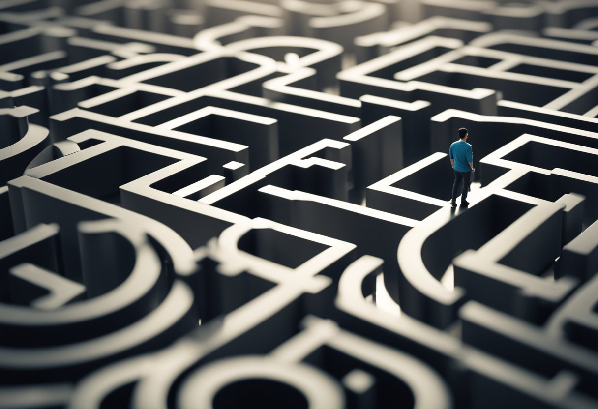 A person navigating through a maze of obstacles, staying ahead of potential delays with a proactive mindset