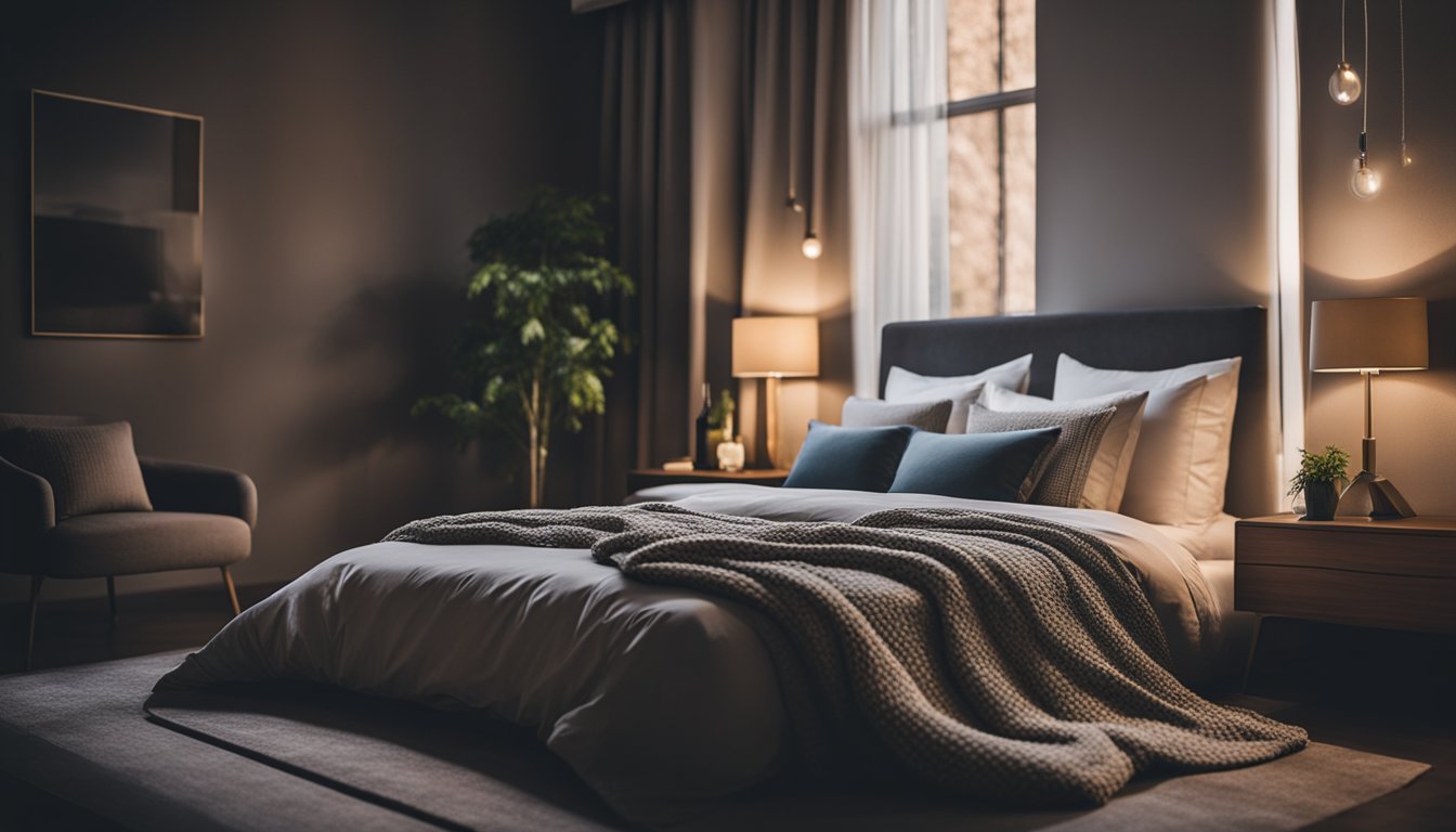 A dimly lit room with a calm atmosphere. A comfortable bed with soft pillows and blankets. A person peacefully asleep, with a sense of relaxation and tranquility