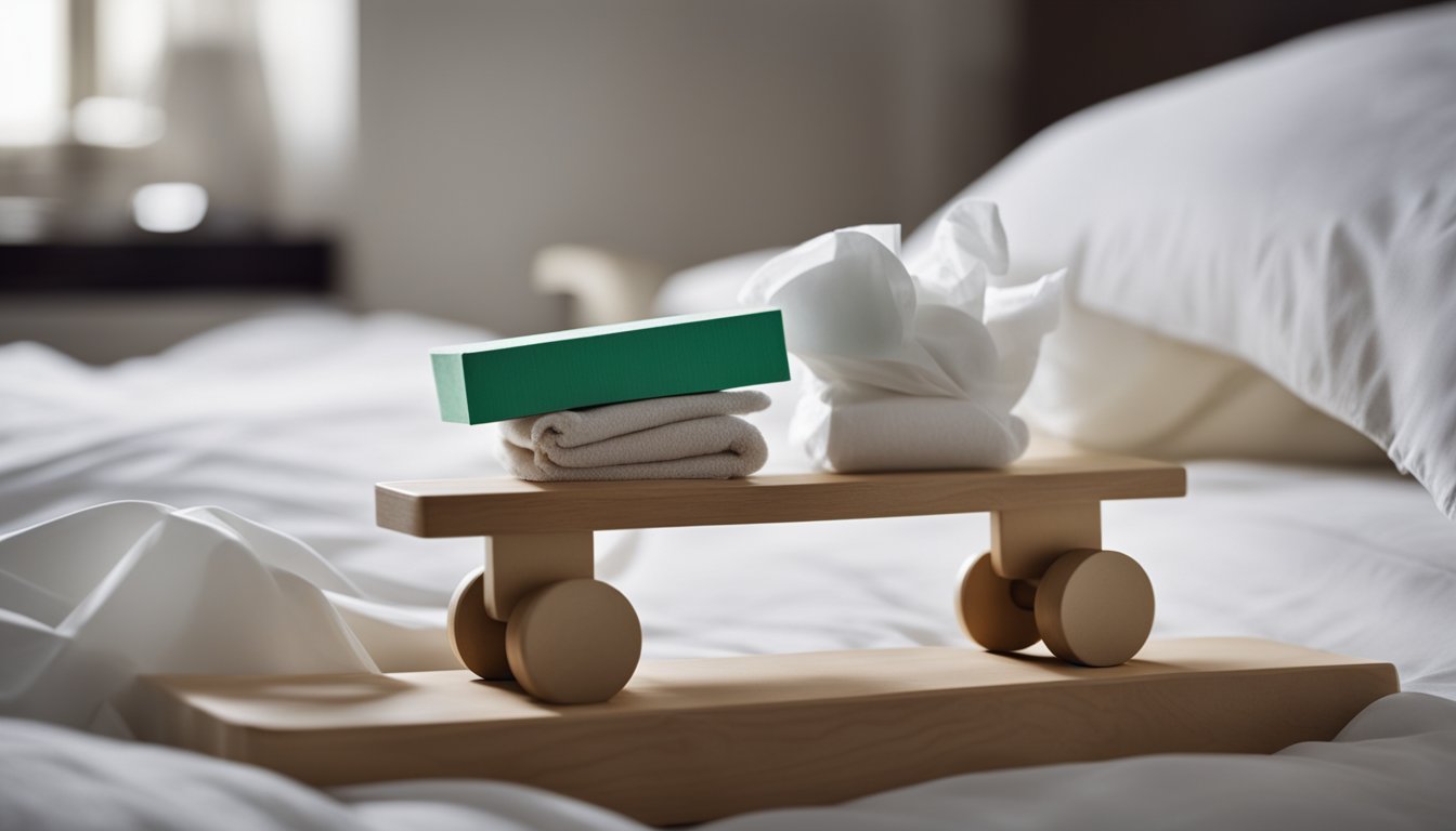 A seesaw tilts between a bed and a tissue box, representing the struggle to sleep while dealing with the aftermath of cocaine use