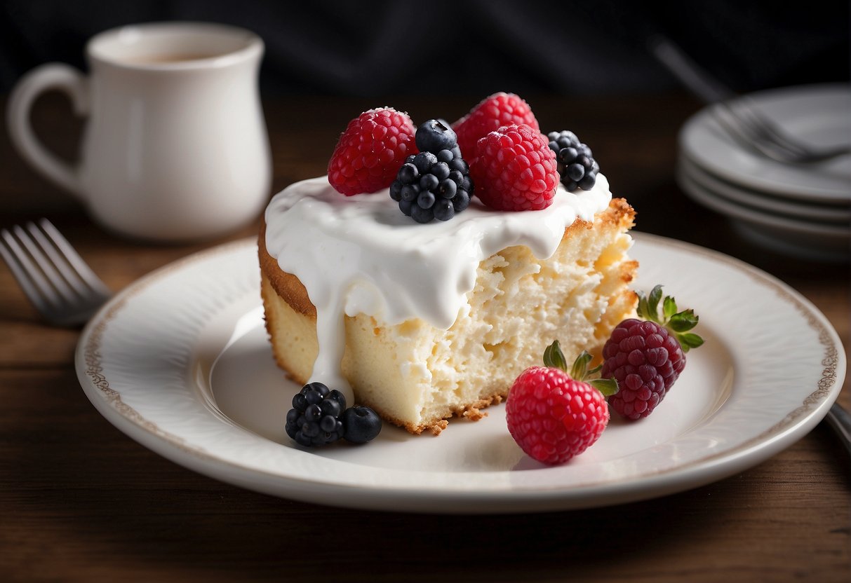 A slice of angel food cake sits on a plate, surrounded by fresh berries and a dollop of whipped cream. A fork rests beside the plate
