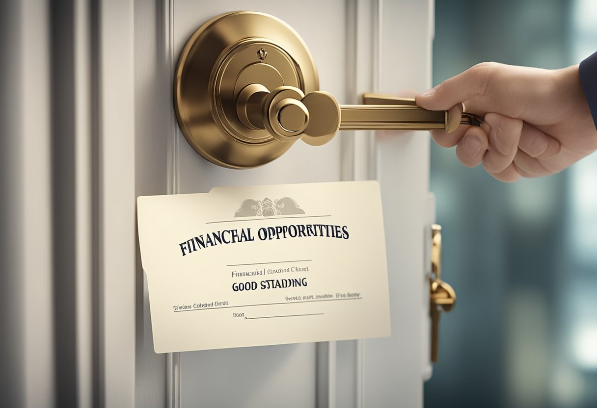 A hand reaches out to unlock a door labeled "Financial Opportunities" with a key, while a certificate of good standing is prominently displayed nearby