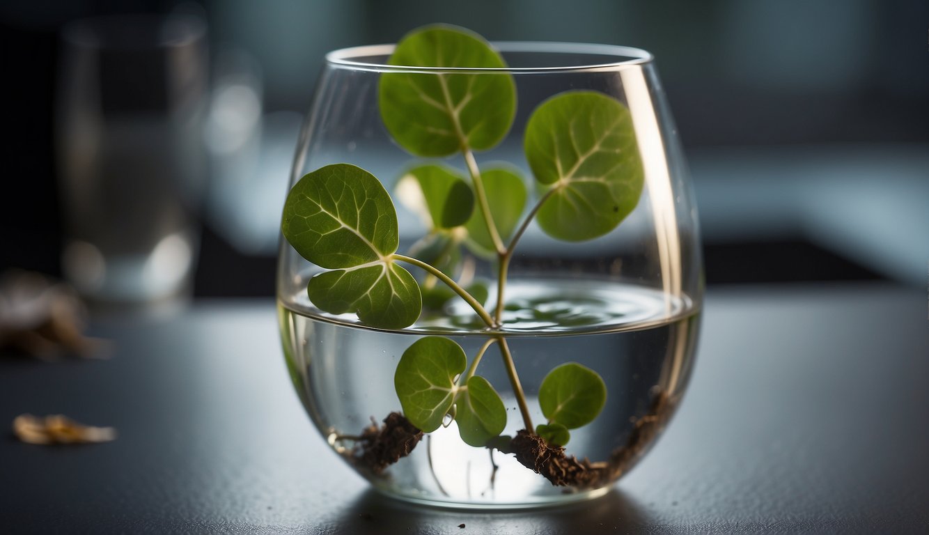 A small stem cutting from a Pilea Peperomioides plant sits in a glass of water, with roots starting to form.

A few fallen leaves lie nearby