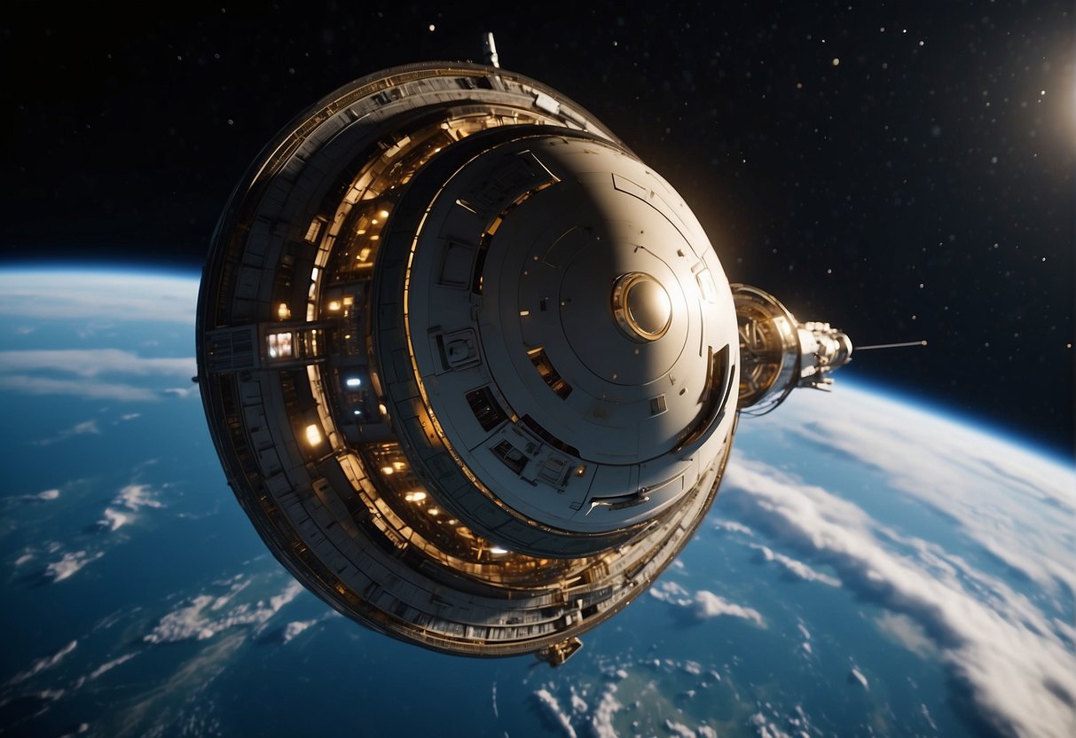 A spacecraft rotates, creating artificial gravity. Objects float around the cabin as crew members work. The spinning motion simulates Earth's gravity