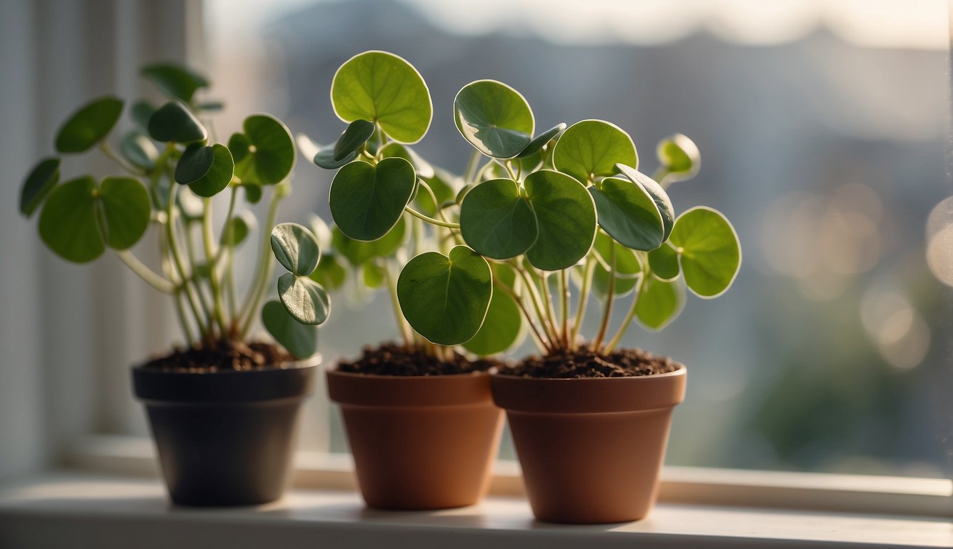 A healthy Pilea Peperomioides plant sits on a sunny windowsill, surrounded by small pots filled with soil.

A single leaf cutting is placed in a glass of water, ready to root and grow into a new plant