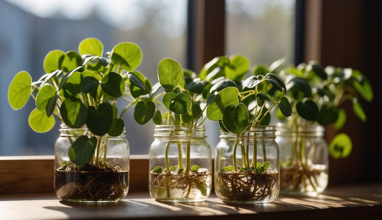 Pilea Peperomioides plant cuttings in water-filled jars on a sunny windowsill, with roots beginning to form.

An adult plant stands nearby