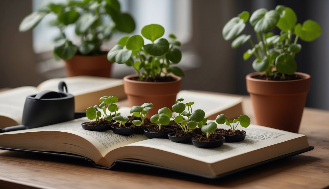 A table with small pots filled with soil, each containing a propagated Pilea Peperomioides plant.

A spray bottle and watering can sit nearby, along with a book on plant propagation