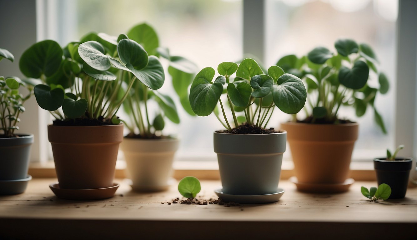 A healthy Pilea Peperomioides plant sits on a bright windowsill, surrounded by small pots of soil and propagating baby plants.

A pair of scissors and a watering can are nearby, ready for use