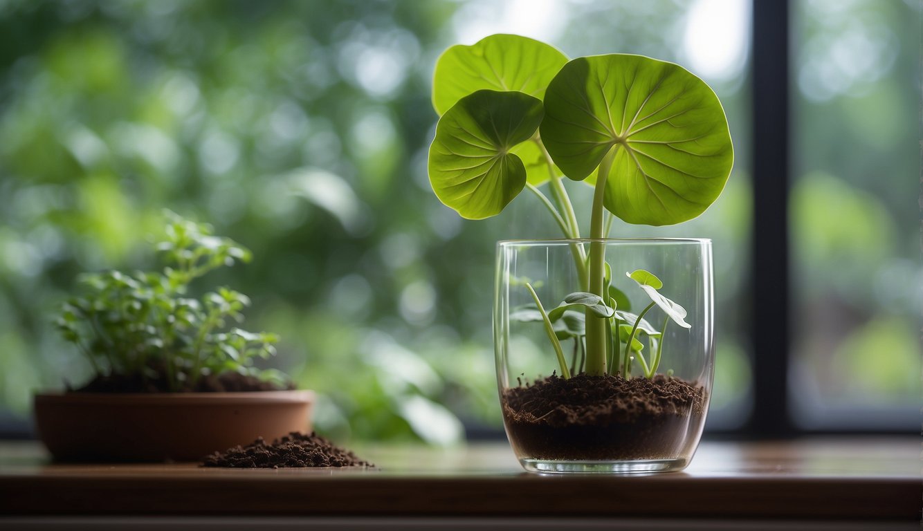 A colocasia plant cutting is placed in a glass of water, with roots starting to form.

A small pot filled with soil is nearby, ready for the cutting to be transplanted