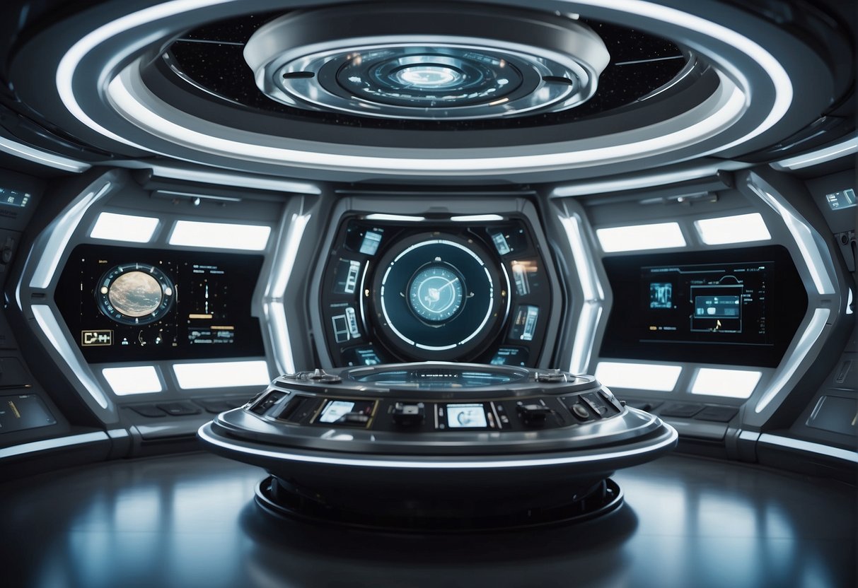 A spacecraft interior with rotating rings creating artificial gravity, surrounded by futuristic technology and control panels