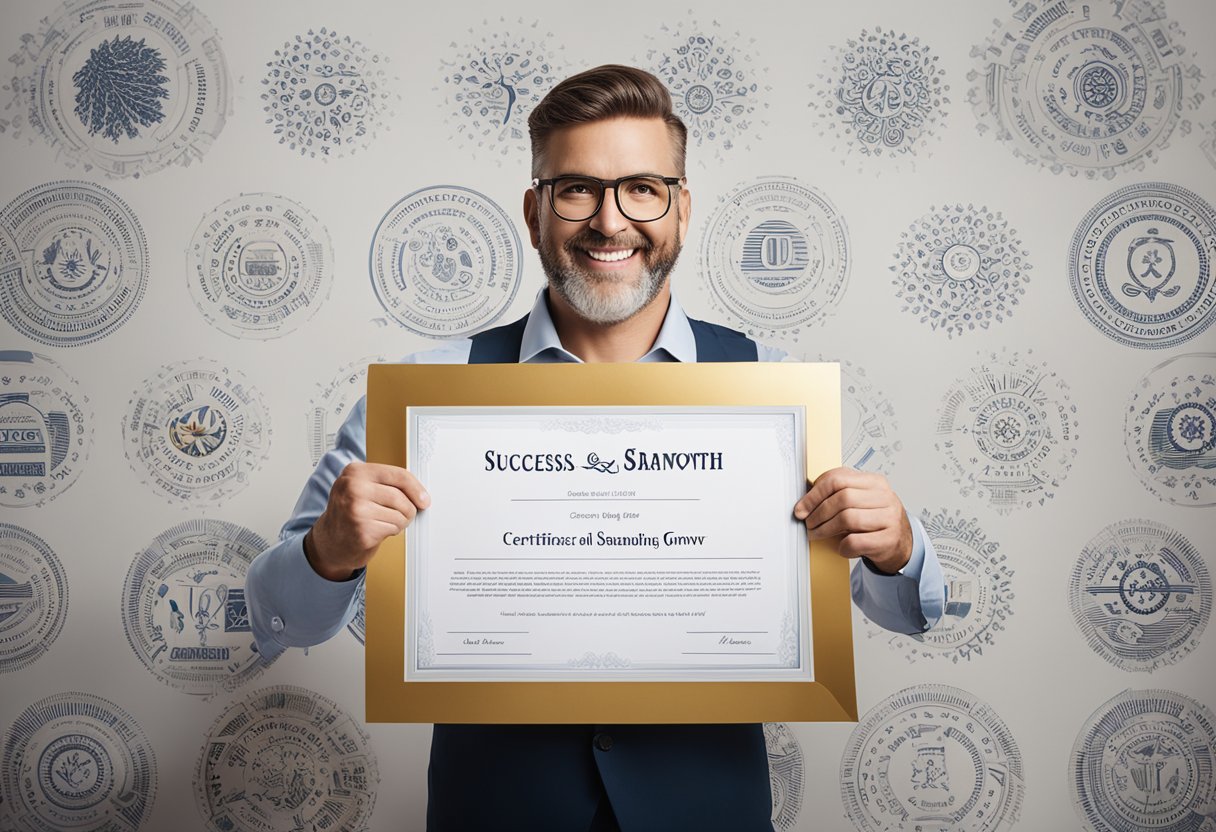 A business owner proudly holds a Certificate of Good Standing, surrounded by symbols of success and growth. The certificate is prominently displayed, representing trust and credibility