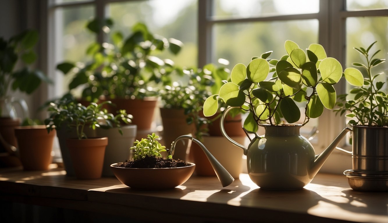 A table with pots of Hoya Carnosa and Kerrii, surrounded by gardening tools and a watering can.

Sunlight streams through a nearby window, casting a warm glow on the scene