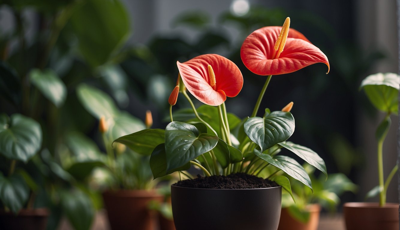 Vibrant anthurium flowers grow from a pot of moist soil, surrounded by small leafy shoots.

A pair of healthy, mature flamingo flowers stand tall in the background
