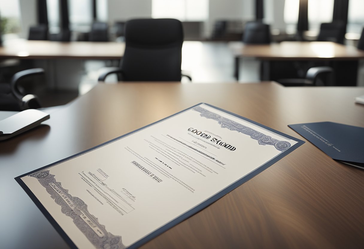 A business certificate of good standing displayed prominently in an office setting, surrounded by professional documents and a sleek, modern desk