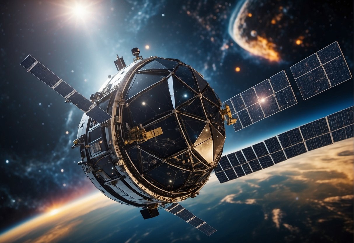 A satellite orbiting Earth, surrounded by a network of protective barriers and security systems, highlighting the growing importance of cybersecurity in space missions