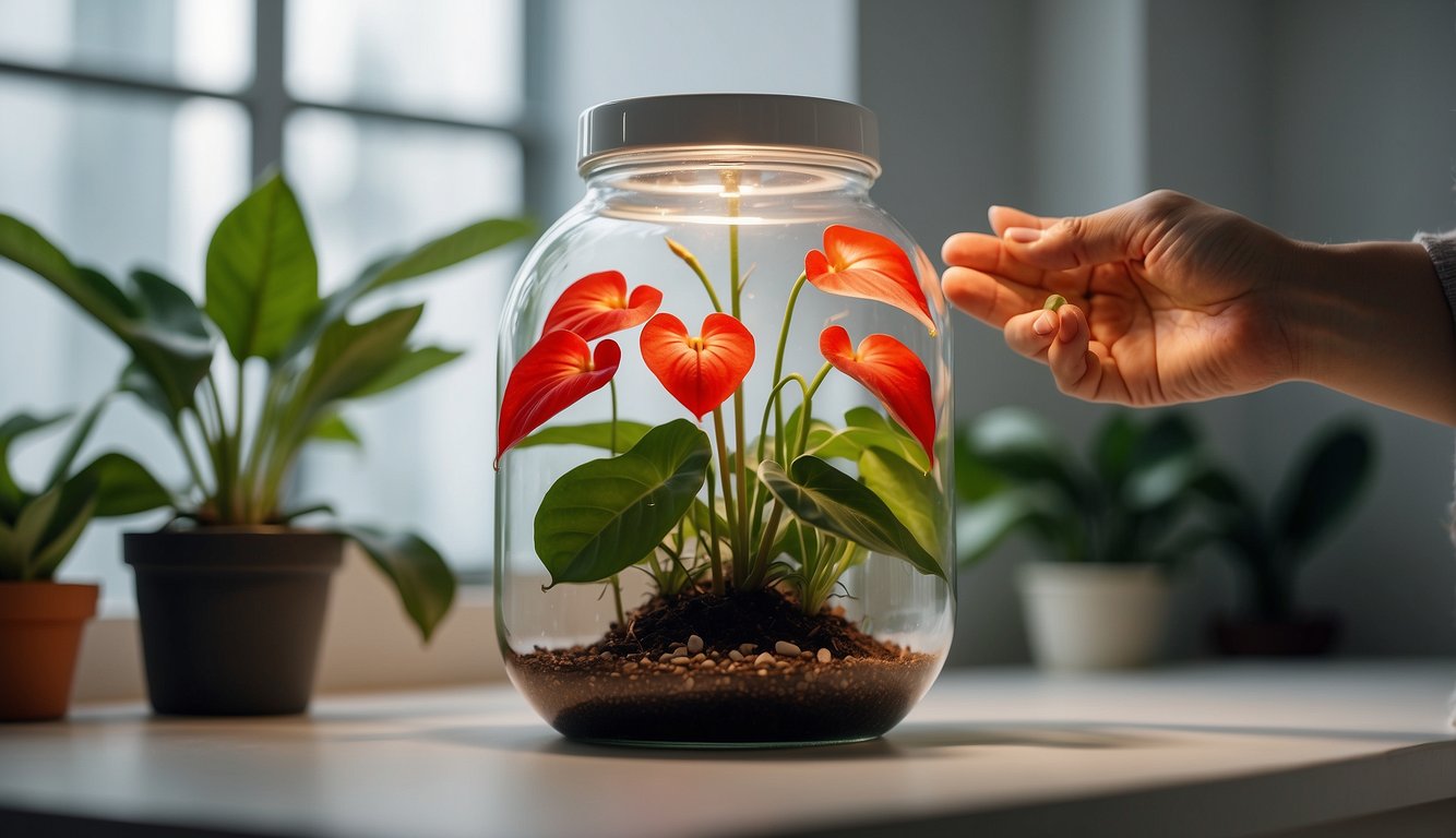 A hand holding a healthy Anthurium Scherzerianum cutting, placed in a jar of water.

A bright, well-lit room with plant care tools nearby