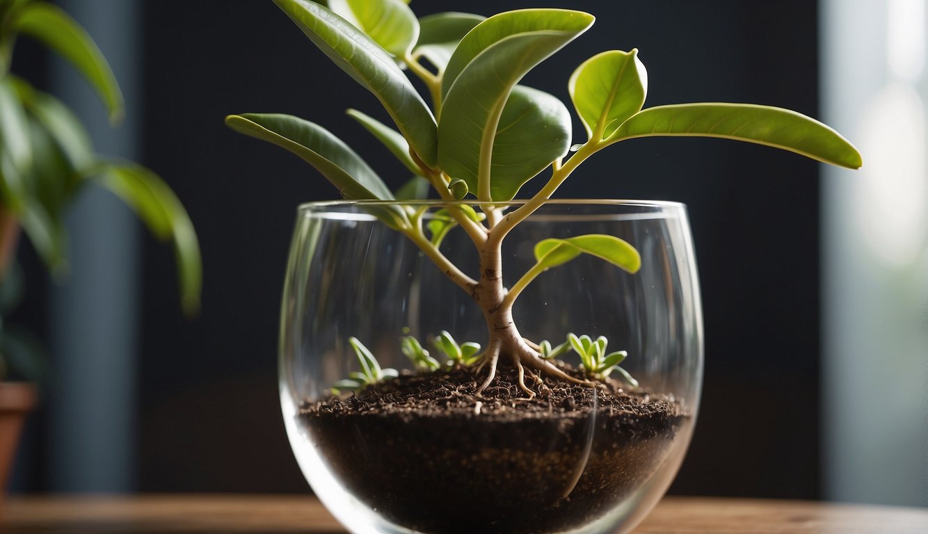 A rubber plant cutting sits in a glass of water, roots starting to form.

Another cutting is nestled in a pot of soil, with new leaves unfurling