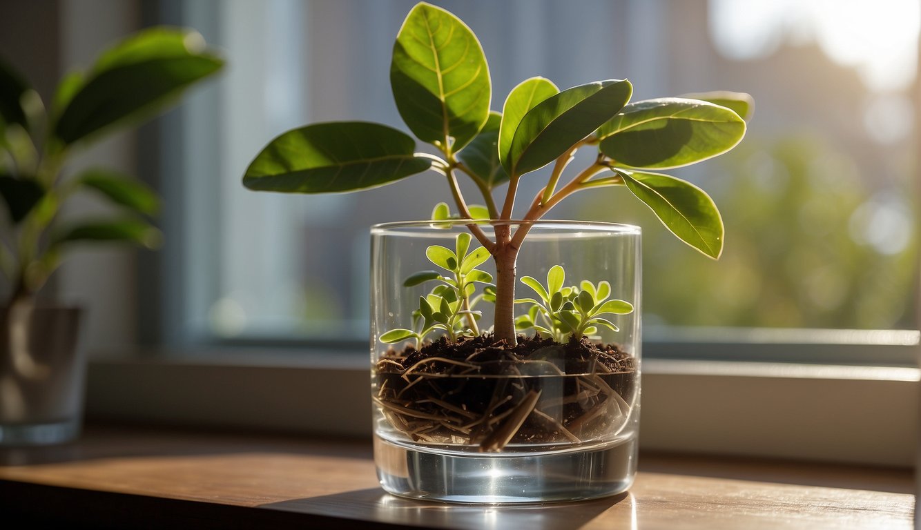 A rubber plant cutting sits in a glass of water on a sunny windowsill.

Roots are starting to form at the base of the cutting, while new leaves are sprouting from the top