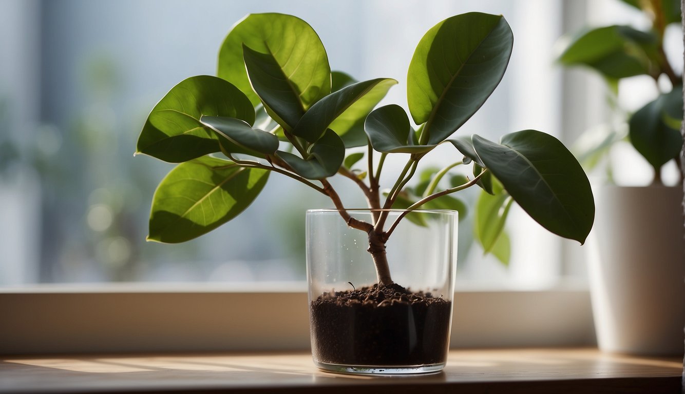 A rubber plant cutting sits in a glass of water, roots beginning to emerge.

A potted rubber plant stands nearby, with a small sprout growing from the soil.

The room is filled with natural light, and a pair of gardening gloves rest on