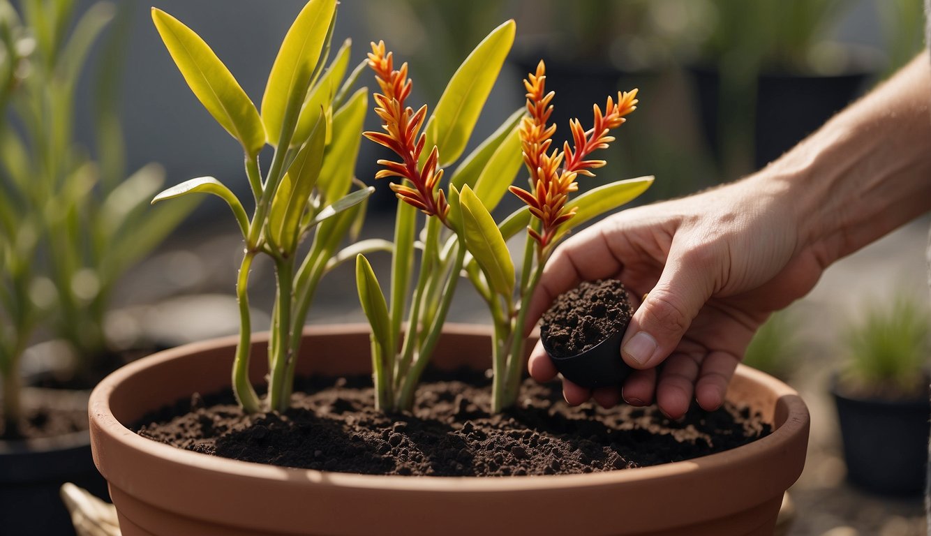 A mature kangaroo paw plant is being divided into smaller sections.

Each section is carefully planted in a pot filled with well-draining soil.

The process is being demonstrated step by step, with clear and detailed instructions accompanying each action