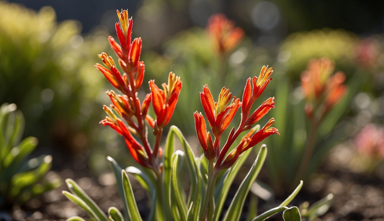 Vibrant kangaroo paws bloom in a sunny garden.

A gardener carefully divides the rhizomes and plants them in well-draining soil.

New shoots emerge, showcasing the unique beauty of this Australian native plant