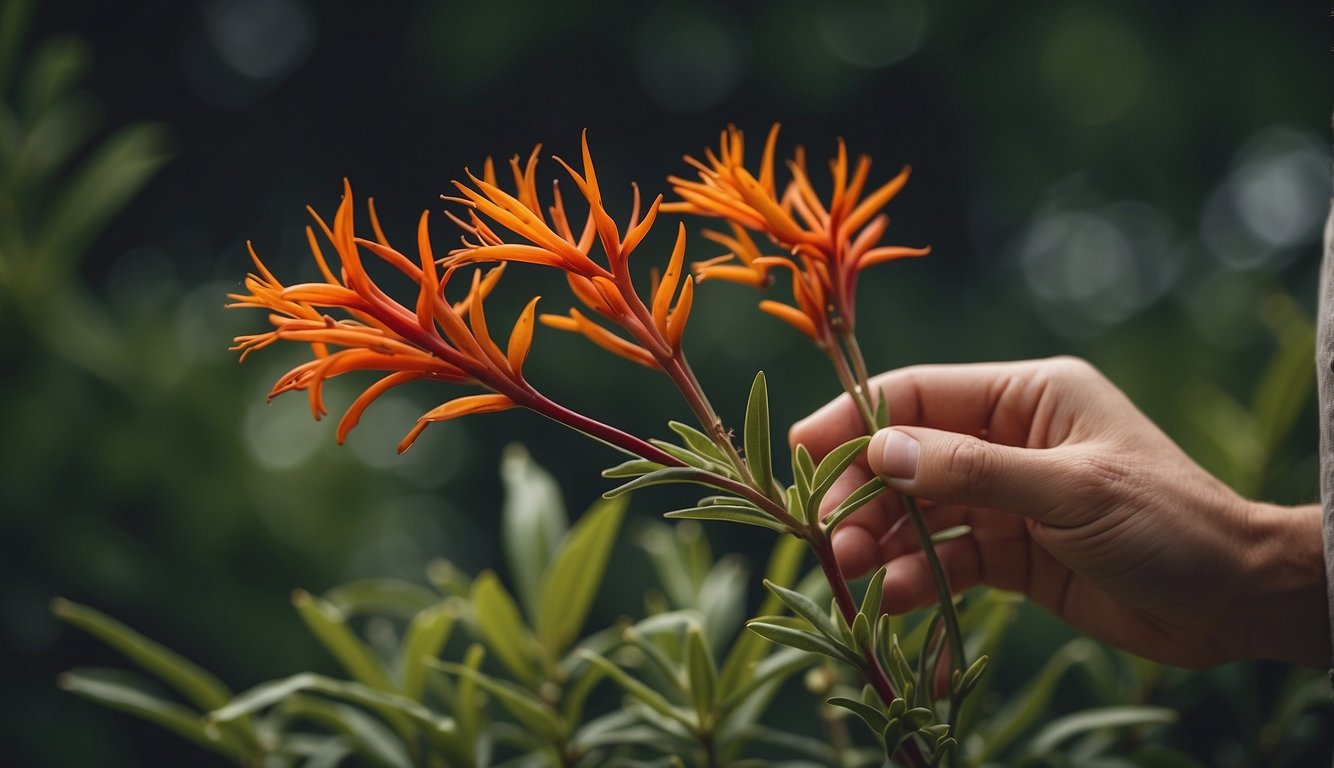 Vibrant kangaroo paw plant with long, slender leaves and unique tubular flowers.

A hand holding a pair of pruning shears snipping a healthy stem for propagation