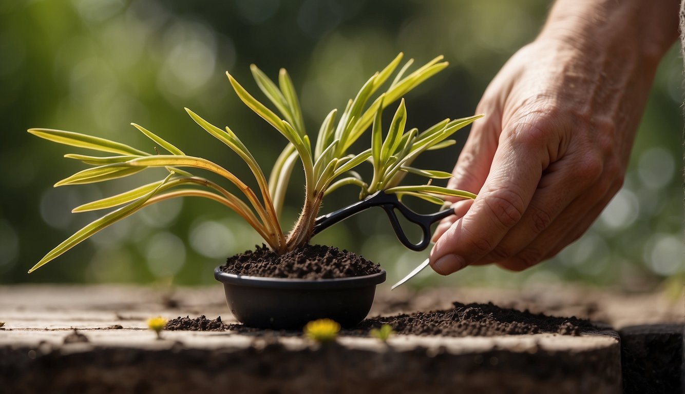 A hand holding a mature kangaroo paw plant, with a pair of scissors cutting a healthy stem for propagation.

A pot filled with soil and a small container of rooting hormone nearby