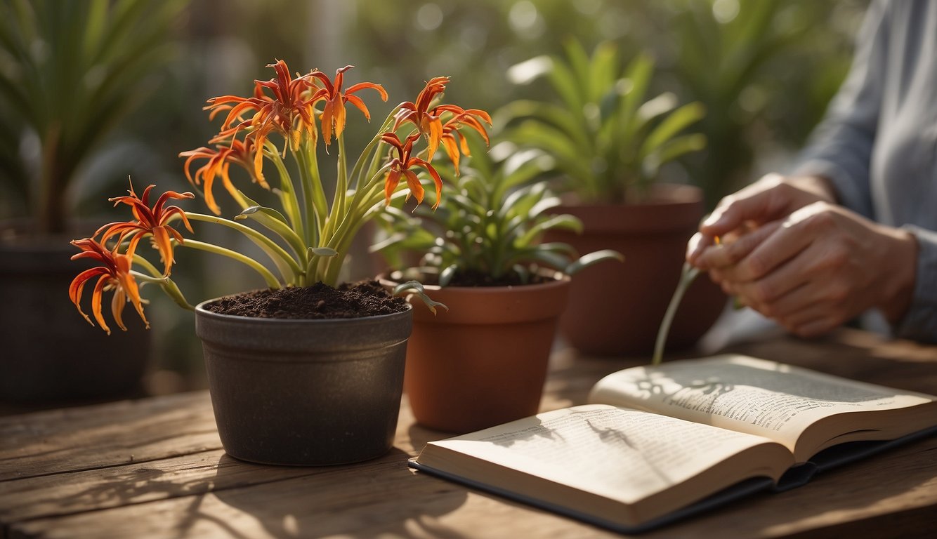 A hand holding a kangaroo paw plant cutting above a pot of soil.

A small watering can sits nearby. A book titled "Kangaroo Paw Propagation" is open to a page with instructions