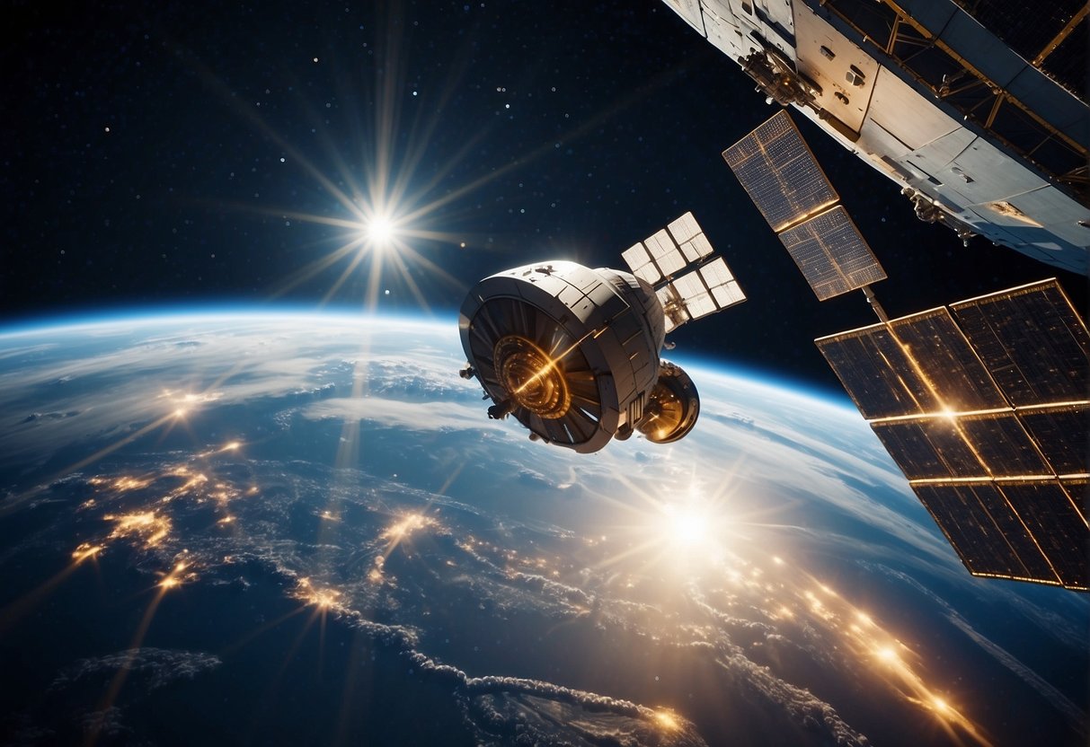 Spacecraft orbiting Earth, with data streams and satellite communication. Security measures visible, such as firewalls and encryption protocols. Focus on technology and data protection