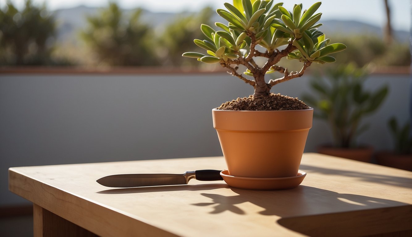 A small pot with sandy soil, a healthy adenium obesum plant, a sharp knife, and a clean cutting board on a bright, sunny day