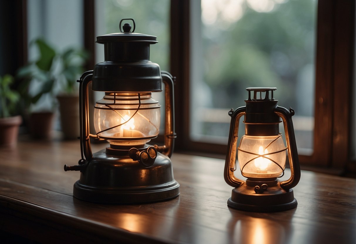 The house exudes a strong smell of kerosene, with a vintage oil lamp sitting on the table. Windows are open, and a fan is running to ventilate the space