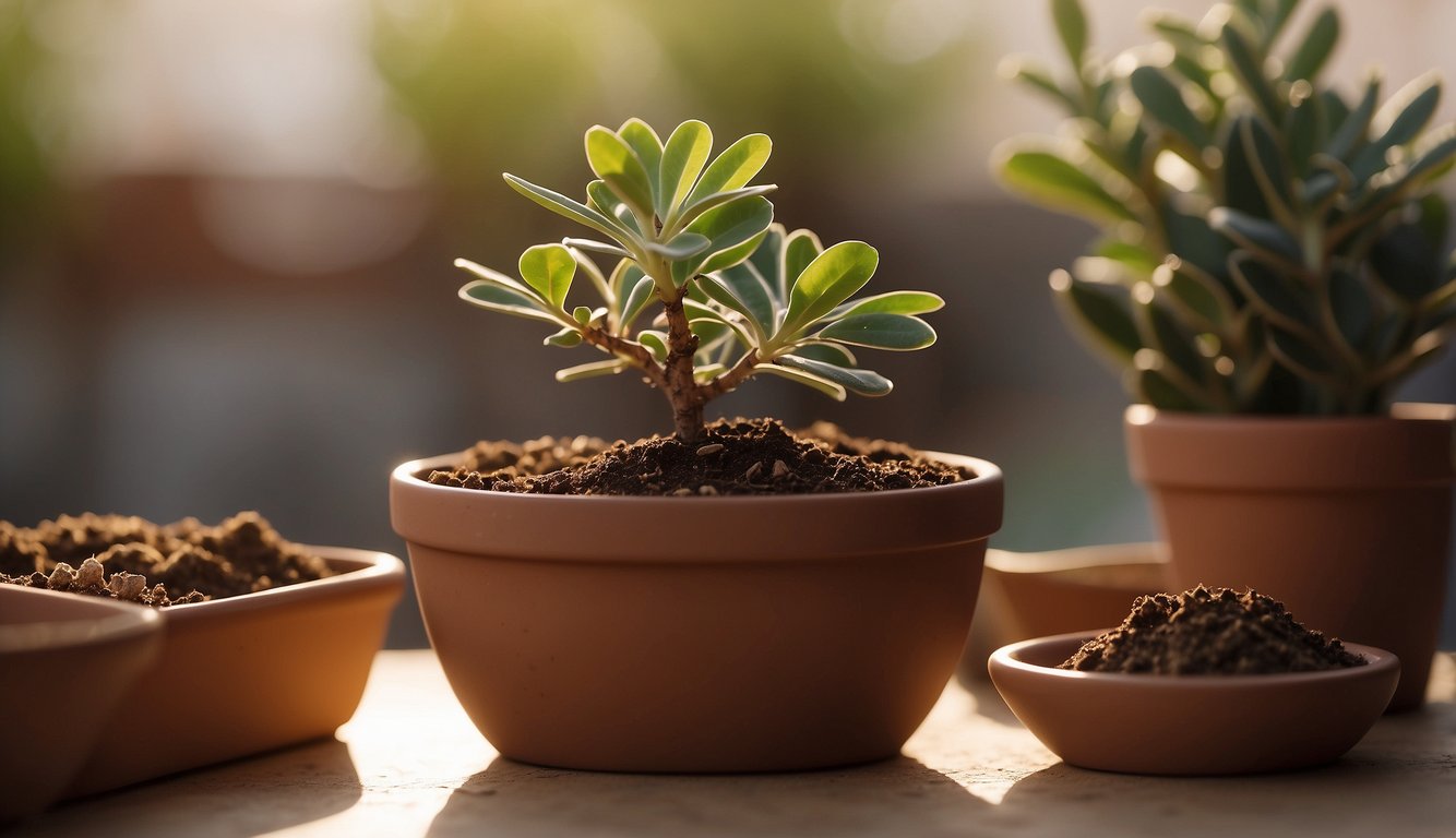 A small pot with well-draining soil, a healthy desert rose cutting, and a warm, sunny environment