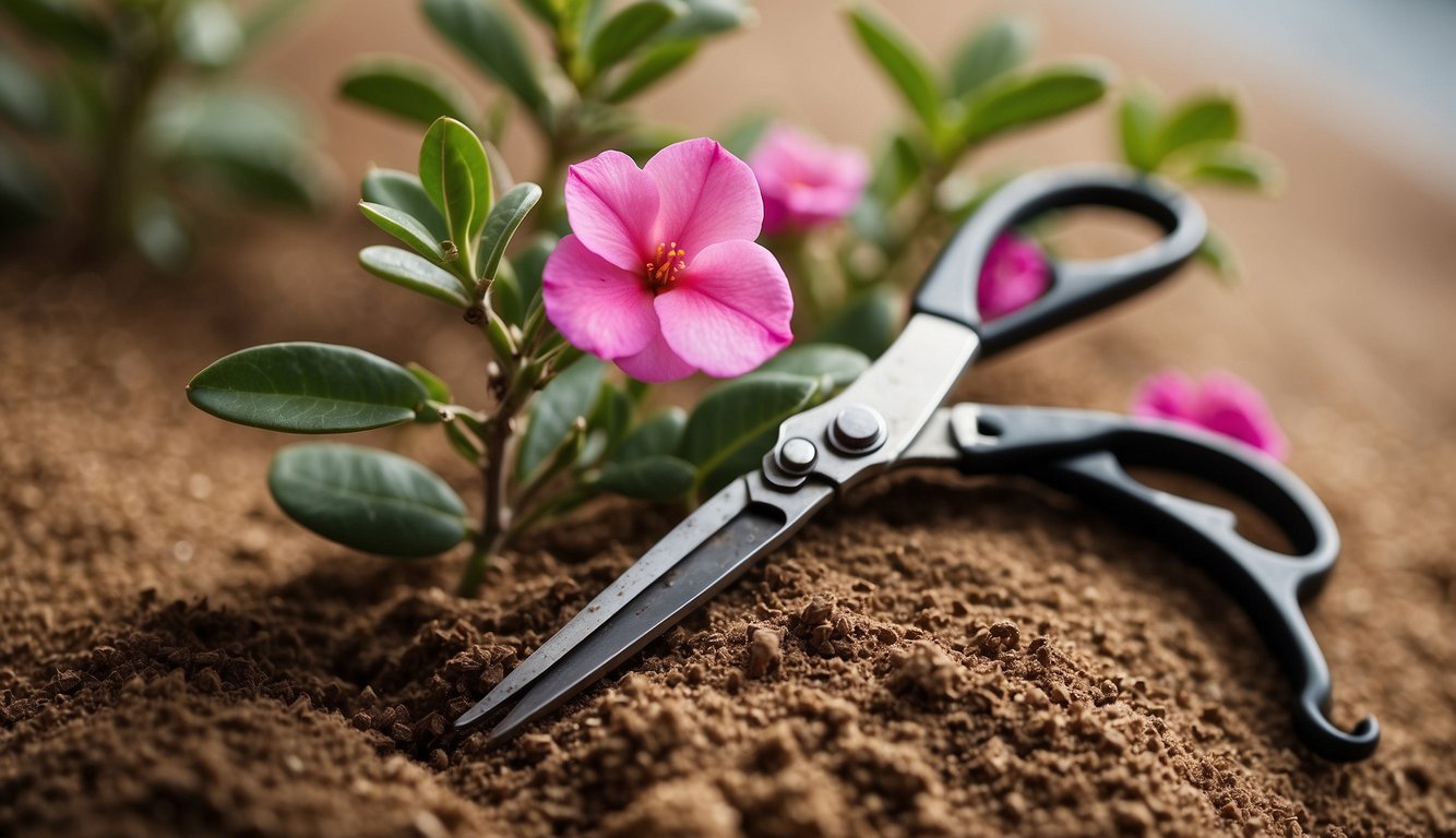 A pair of pruning shears trims a healthy desert rose plant.

A small pot sits nearby, filled with soil and ready for a new cutting