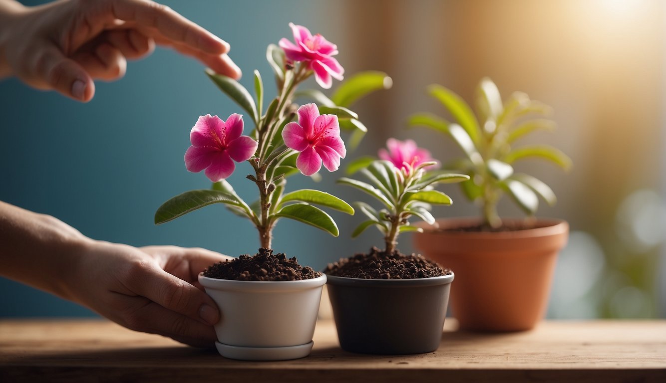 A hand holding a small cutting of a desert rose plant, carefully placing it into a pot filled with well-draining soil.

A spray bottle nearby for misting the cutting