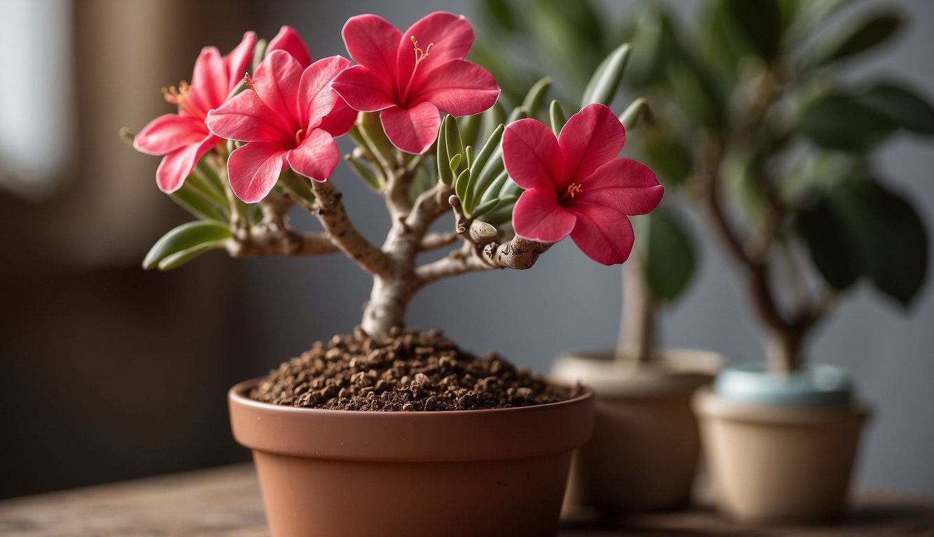 A desert rose (Adenium Obesum) sits in a pot with well-draining soil.

A pair of pruning shears and a small container of rooting hormone are nearby