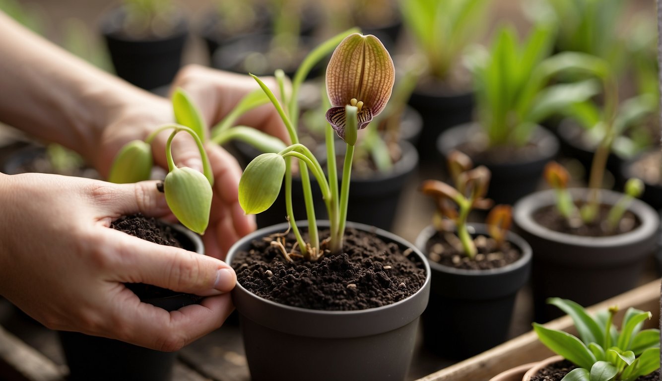 A hand holding a small pot filled with soil, gently placing a lady slipper orchid seedling into the center, surrounded by other pots and gardening supplies