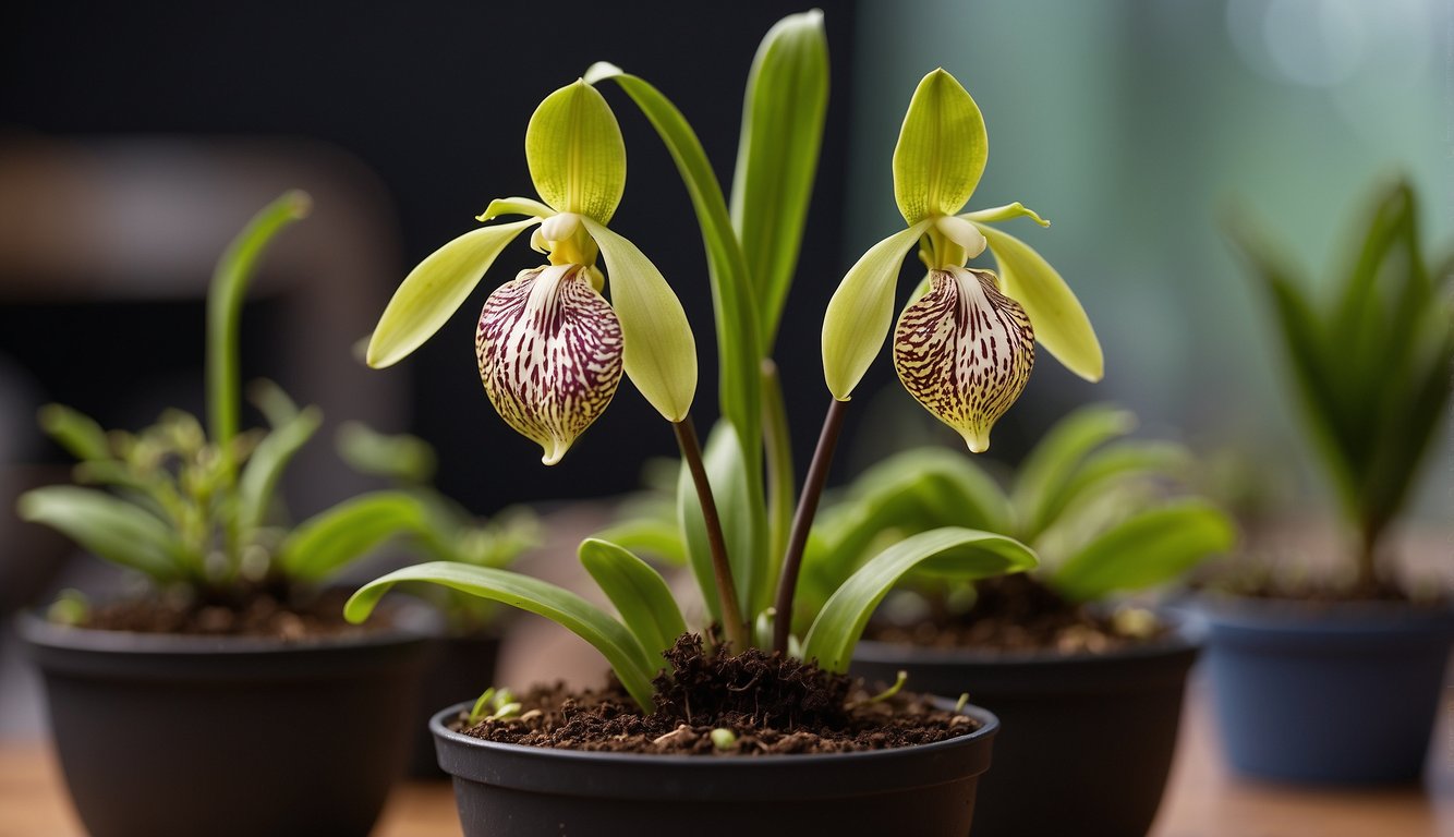 A mature lady slipper orchid is carefully divided and repotted.

The new growth is nurtured in a warm, humid environment to encourage healthy root development