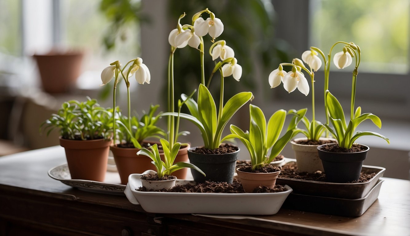 A lady slipper orchid sits in a well-lit room with a tray of water underneath.

A small pot of soil sits nearby, ready for propagation. The plant is surrounded by gardening tools and a book titled "Paphiopedilum